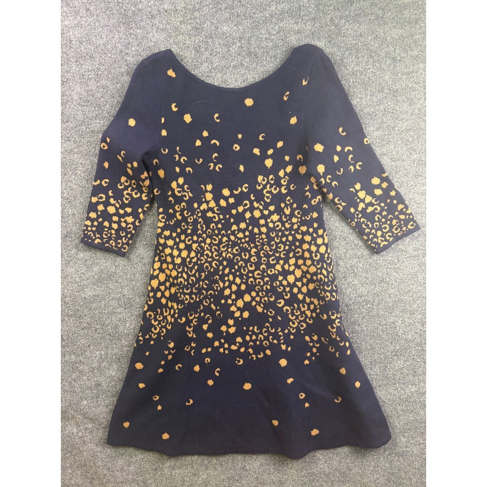Maeve Sweater Dress Womens Small Navy Gold Leopard Print‎ Scoop Neck Fit Flare